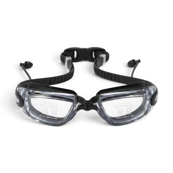 Peedo AK7000 Swimming Goggles – Wide Frame Anti-Fog UV Shield | Integrated Ear Plugs | Black | Cylinder Case | Pool Training