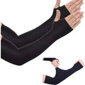 Arm Sleeves with Thumb Hole black showing both arms wearing full length black arm sleeves with thumb hole loop at wrist close-up detail view showing thumb hole design on white background
