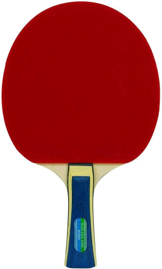 Butterfly Wakaba 1000 Table Tennis Racket front view showing premium red rubber face and blue wooden flared handle - product front view