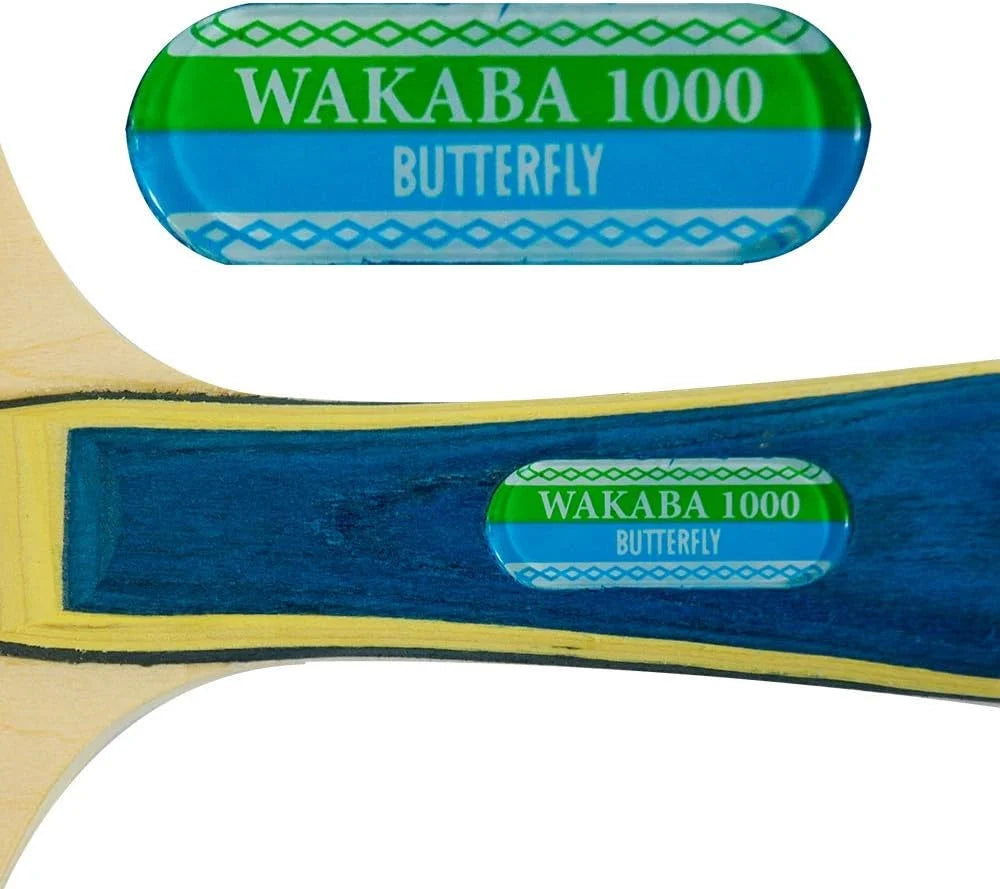 Butterfly Wakaba 1000 Table Tennis Racket handle close-up showing blue wood and Wakaba 1000 Butterfly green blue oval label - handle detail view