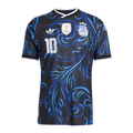 Argentina Away Football Shirt 2026 Adidas Originals black showing royal blue sky blue ornate baroque floral acanthus swirl graphic pattern across full shirt AFA Argentina Football Association crest 3 gold stars FIFA World Cup 2022 winner gold trophy badge white Adidas Originals trefoil logo No.10 white on chest white V-neck collar white Adidas 3-stripe shoulders white cuff trim front view on white background