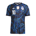 Argentina Away Football Shirt 2026 Adidas Originals black showing royal blue sky blue ornate baroque floral acanthus swirl graphic pattern across full shirt AFA Argentina Football Association crest 3 gold stars FIFA World Cup 2022 winner gold trophy badge white Adidas Originals trefoil logo No.10 white on chest white V-neck collar white Adidas 3-stripe shoulders white cuff trim front view on white background