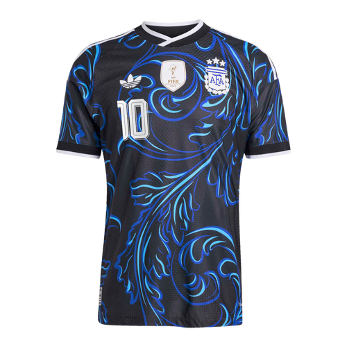 Argentina Away Football Shirt 2026 Adidas Originals black showing royal blue sky blue ornate baroque floral acanthus swirl graphic pattern across full shirt AFA Argentina Football Association crest 3 gold stars FIFA World Cup 2022 winner gold trophy badge white Adidas Originals trefoil logo No.10 white on chest white V-neck collar white Adidas 3-stripe shoulders white cuff trim front view on white background
