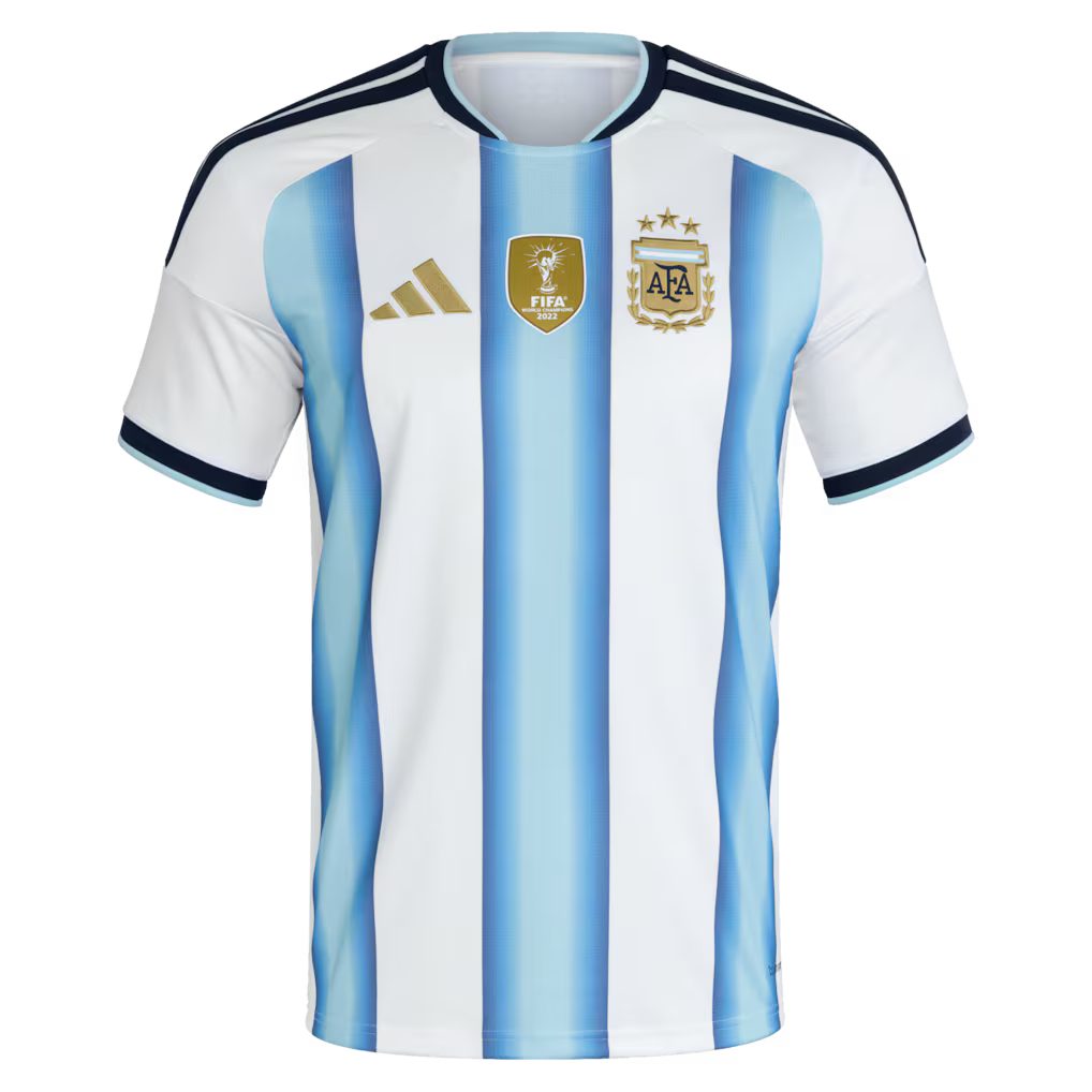 Argentina Home Football Shirt 2026 Adidas white showing sky blue gradient vertical stripe Albiceleste classic AFA Argentina Football Association crest 3 gold stars FIFA World Cup 2022 winner gold trophy badge gold Adidas 3-bar logo navy V-neck collar light blue inner accent navy Adidas 3-stripe shoulders navy light blue cuff trim front view on white background