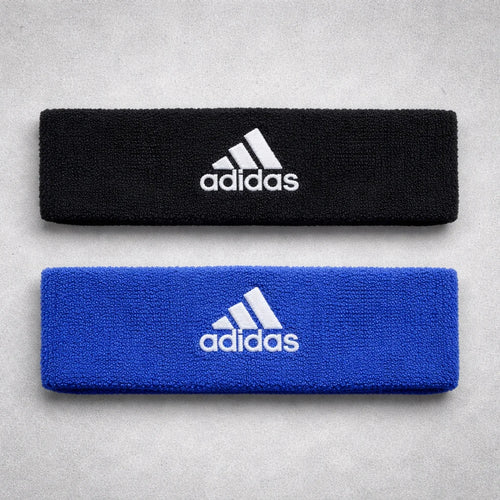 Adidas Delux Comfort sports headband black and blue terry cotton with embroidered white adidas logo - flat lay view