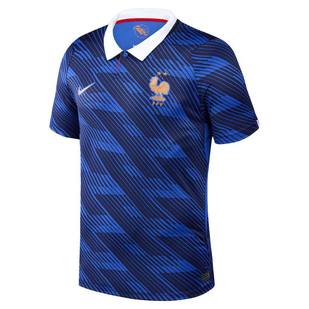 France Home Football Shirt 2026 – Nike | Navy Blue Diagonal Graphic | FFF Gold Gallic Rooster | 2 Stars | Polo Collar | Fan Kit