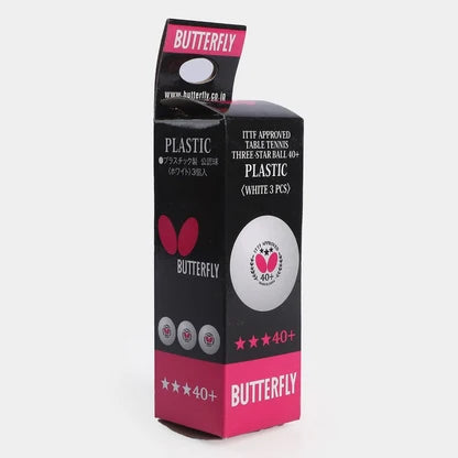 Butterfly 3 Star Plastic 40+ Table Tennis Ball black pink retail box angle view showing three star 40+ butterfly logo and pink bottom branding - retail box angle view