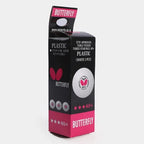 Butterfly 3 Star Plastic 40+ Table Tennis Ball black pink retail box angle view showing three star 40+ butterfly logo and pink bottom branding - retail box angle view