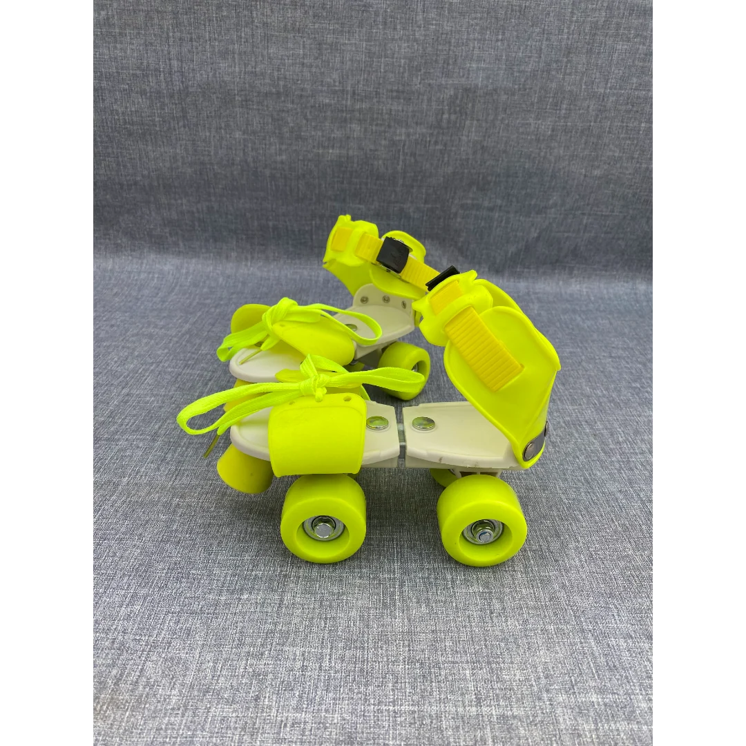 Blue Ocean kids quad roller skates neon yellow-green pair with lace and velcro closure - front view showing 4 wheels