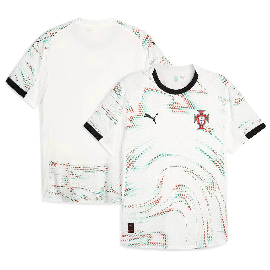 Portugal Away Football Shirt 2024 Puma off-white cream showing all-over multicolor red teal green pointillist dot swirl wave pattern across full shirt front and back FPF red cross crest blue Quinas shield black Puma leaping cat logo black crew neck collar black cuff trim Puma RE:FIBRE badge at hem front and back view on white background