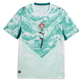 Portugal Away Football Shirt 2026 Puma white mint showing teal emerald green ocean wave swirl graphic across full shirt FPF red cross crest blue Quinas shield Portuguese coat of arms dark maroon Puma leaping cat logo No.7 dark maroon on chest teal V-neck collar teal side panel accents front flat lay view on white background