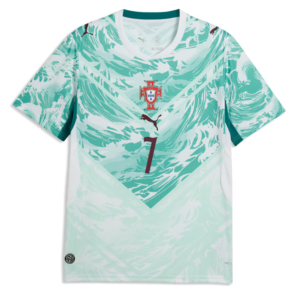 Portugal Away Football Shirt 2026 Puma white mint showing teal emerald green ocean wave swirl graphic across full shirt FPF red cross crest blue Quinas shield Portuguese coat of arms dark maroon Puma leaping cat logo No.7 dark maroon on chest teal V-neck collar teal side panel accents front flat lay view on white background