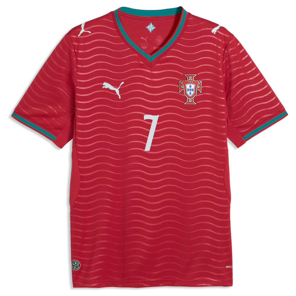 Portugal Home Football Shirt 2026 – Puma | Crimson Red Wave Texture | FPF Crest | No.7 | Teal Collar | DRYCELL | Fan Kit