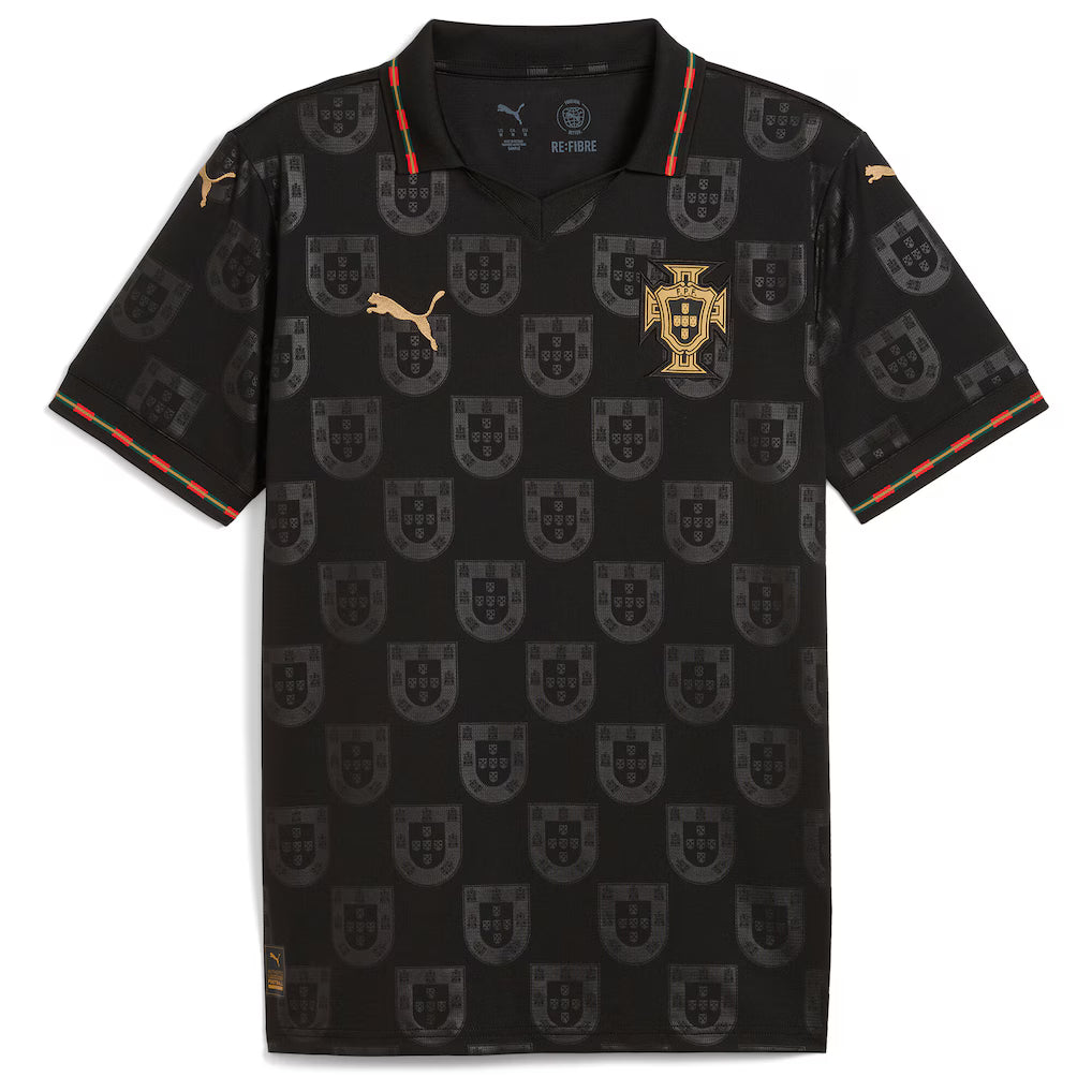 Portugal Special Edition Football Shirt Puma jet black showing all-over tonal black FPF Quinas Portuguese coat of arms shield monogram repeat pattern across full shirt gold FPF cross crest Quinas gold colorway gold Puma leaping cat logo on chest gold Puma logo on sleeve black polo collar red green gold Portuguese flag stripe trim matching red green gold cuff trim Puma RE:FIBRE badge front flat lay view on white background