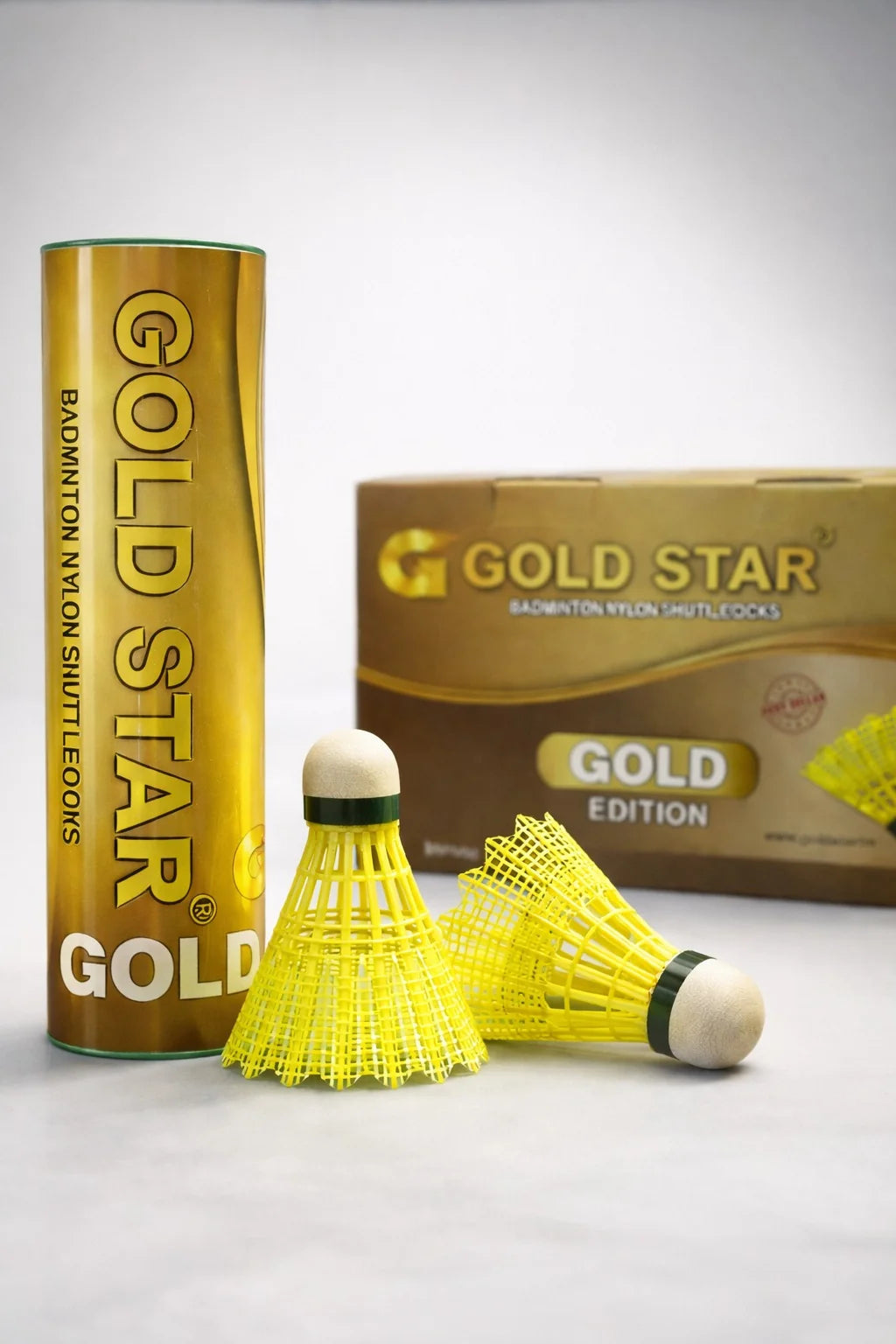GoldStar Gold Edition badminton nylon shuttlecock premium gold tube with Gold Edition box packaging and yellow shuttlecocks