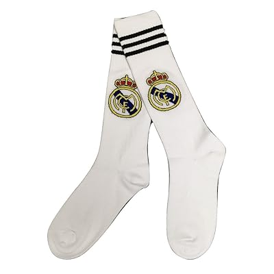 Real Madrid FC Football Socks – Knee High | White & Black Stripes | Club Crest | Football Fan Kit