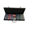 Poker Game Briefcase Pack 500 pieces open extra-large silver aluminum case showing black foam-lined interior with 500 top branded chips in 5 colors 2 BCG card decks and red dice - full set open case view