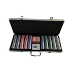 Poker Game Briefcase Pack 500 pieces open extra-large silver aluminum case showing black foam-lined interior with 500 top branded chips in 5 colors 2 BCG card decks and red dice - full set open case view