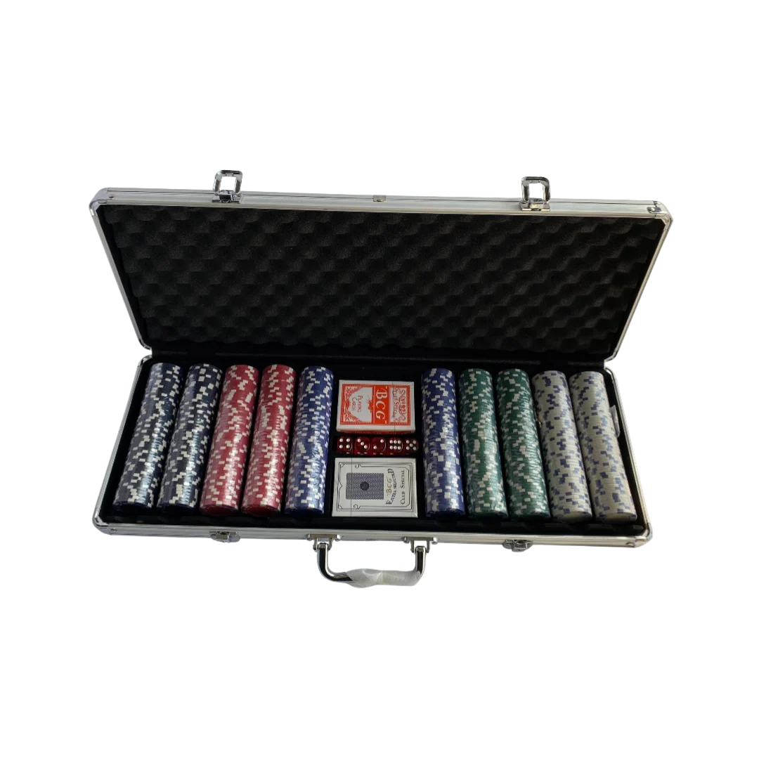 Poker Game Briefcase Pack 500 pieces open extra-large silver aluminum case showing black foam-lined interior with 500 top branded chips in 5 colors 2 BCG card decks and red dice - full set open case view