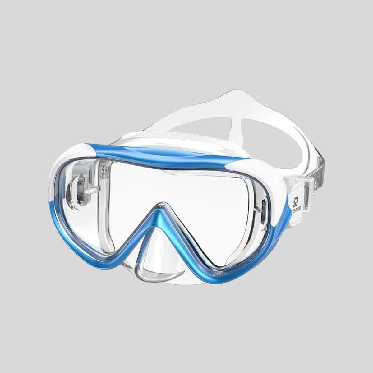 RYOPRO kids swimming mask white frame with blue trim - wide panoramic single lens with nose cover