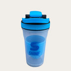SHINE Protein Shaker Bottle blue transparent body with blue flip-lock lid showing SHINE S logo branding - front view single bottle