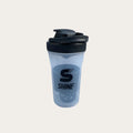 SHINE Protein Shaker Bottle black transparent body with black flip-lock lid showing SHINE S logo branding - front view single bottle