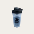 SHINE Protein Shaker Bottle black transparent body with black flip-lock lid showing SHINE S logo branding - front view single bottle