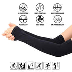 UV Protection Cooling Arm Sleeves black showing both arms wearing full length black arm sleeves with feature callouts UV Protection Multi Function Moisture Manage Flexibility Fast Dries Air Permeability icons and sport activity icons cycling hiking fishing skating running golf on white background