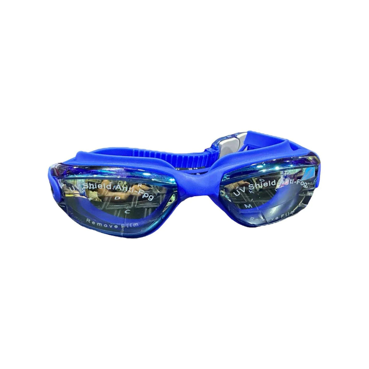 UV Shield antifog swimming goggles blue wide frame - front view showing UV Shield Anti-Fog text on lenses