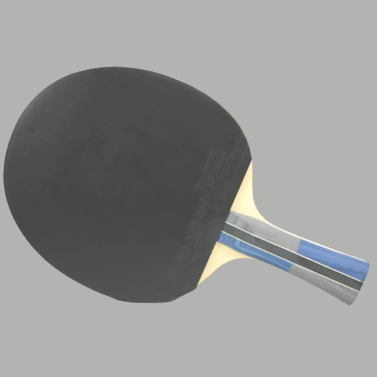 Butterfly Timo Boll CF 1000 Table Tennis Racket front view showing black rubber carbon fiber blade and blue grey striped handle - product front view
