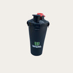 WIZAL Protein Shaker Bottle black with red dual flip-lock lid showing WIZAL green logo branding - single bottle front view