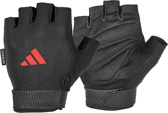 Adidas Essential Training Gloves Red AEROREADY fingerless suede palm front and back view