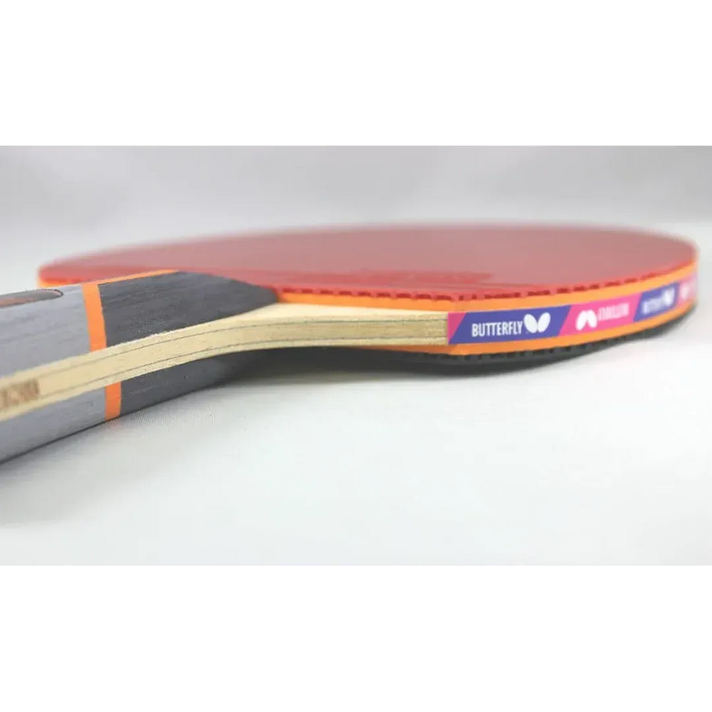 Butterfly Wakaba 3000 Table Tennis Racket side profile showing red rubber top orange edge tape natural wood blade black rubber bottom and striped handle - edge profile view