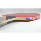Butterfly Wakaba 3000 Table Tennis Racket side profile showing red rubber top orange edge tape natural wood blade black rubber bottom and striped handle - edge profile view