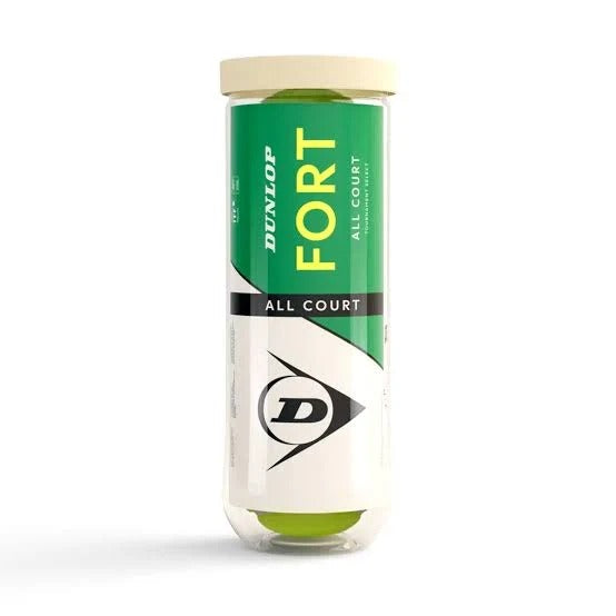 Dunlop Fort All Court tennis balls green pressurised can with white Dunlop D logo - single tube front view