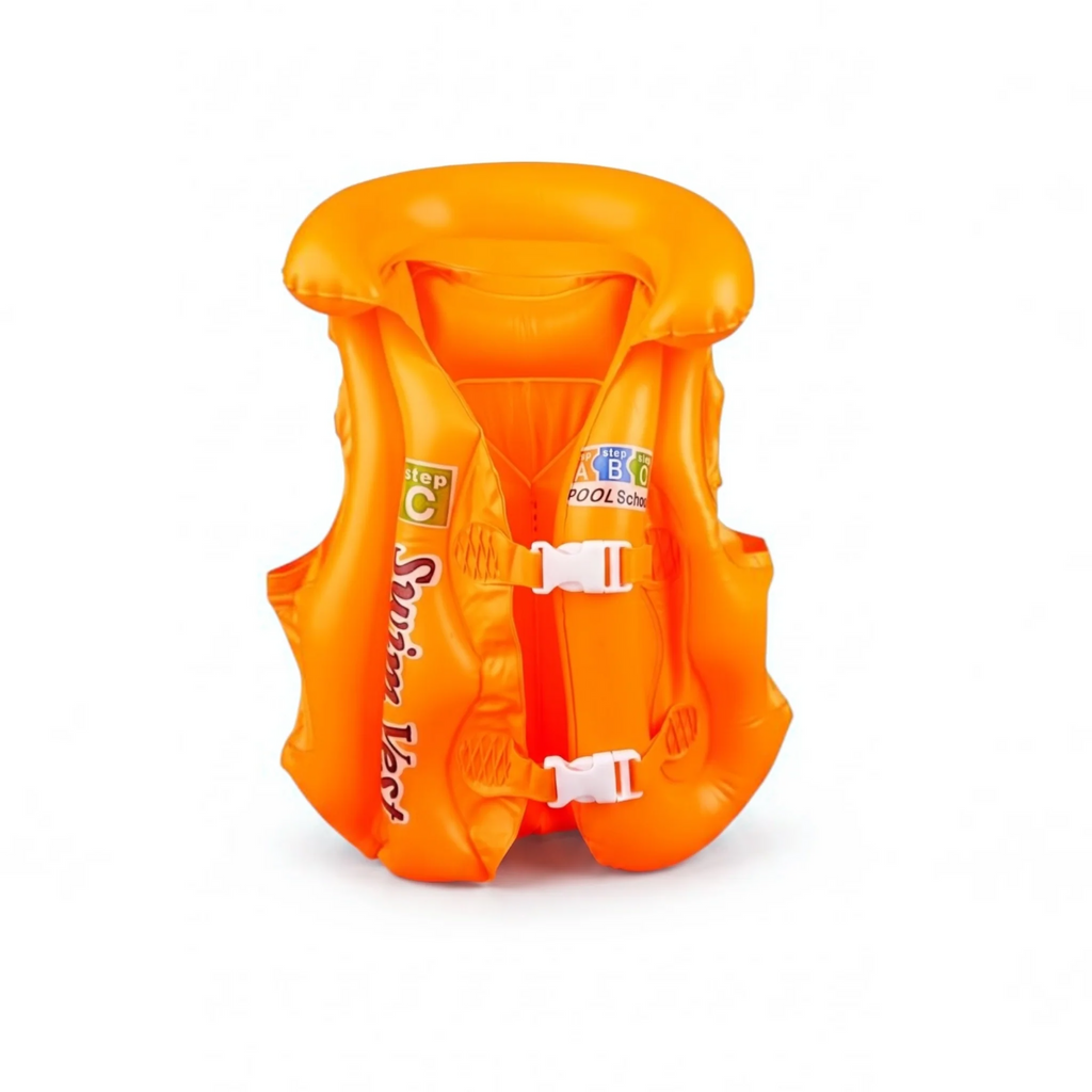 Inflatable kids swim vest orange front view - Pool School Step B and C with double white buckle straps