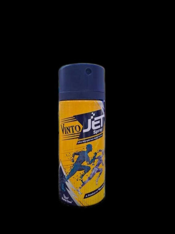 Vinto Jet Spray Play Hard Win Harder promotional image with female football player and Vinto Jet bottle - yellow blue background