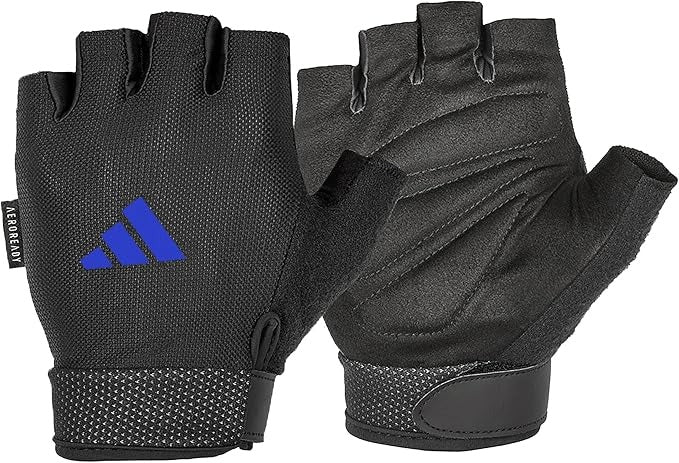 Adidas Essential Training Gloves White AEROREADY fingerless suede palm front and back view