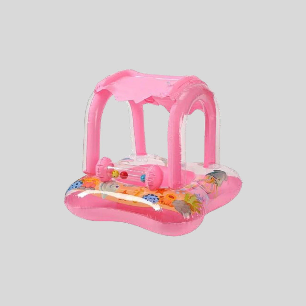 Pink baby swimming boat with inflatable sunshade canopy, bead roller toy and ocean print floor