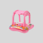Pink baby swimming boat with inflatable sunshade canopy, bead roller toy and ocean print floor