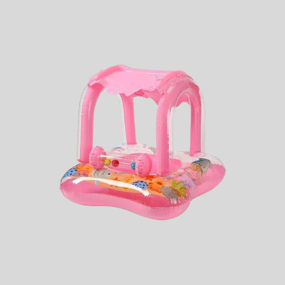 Pink baby swimming boat with inflatable sunshade canopy, bead roller toy and ocean print floor