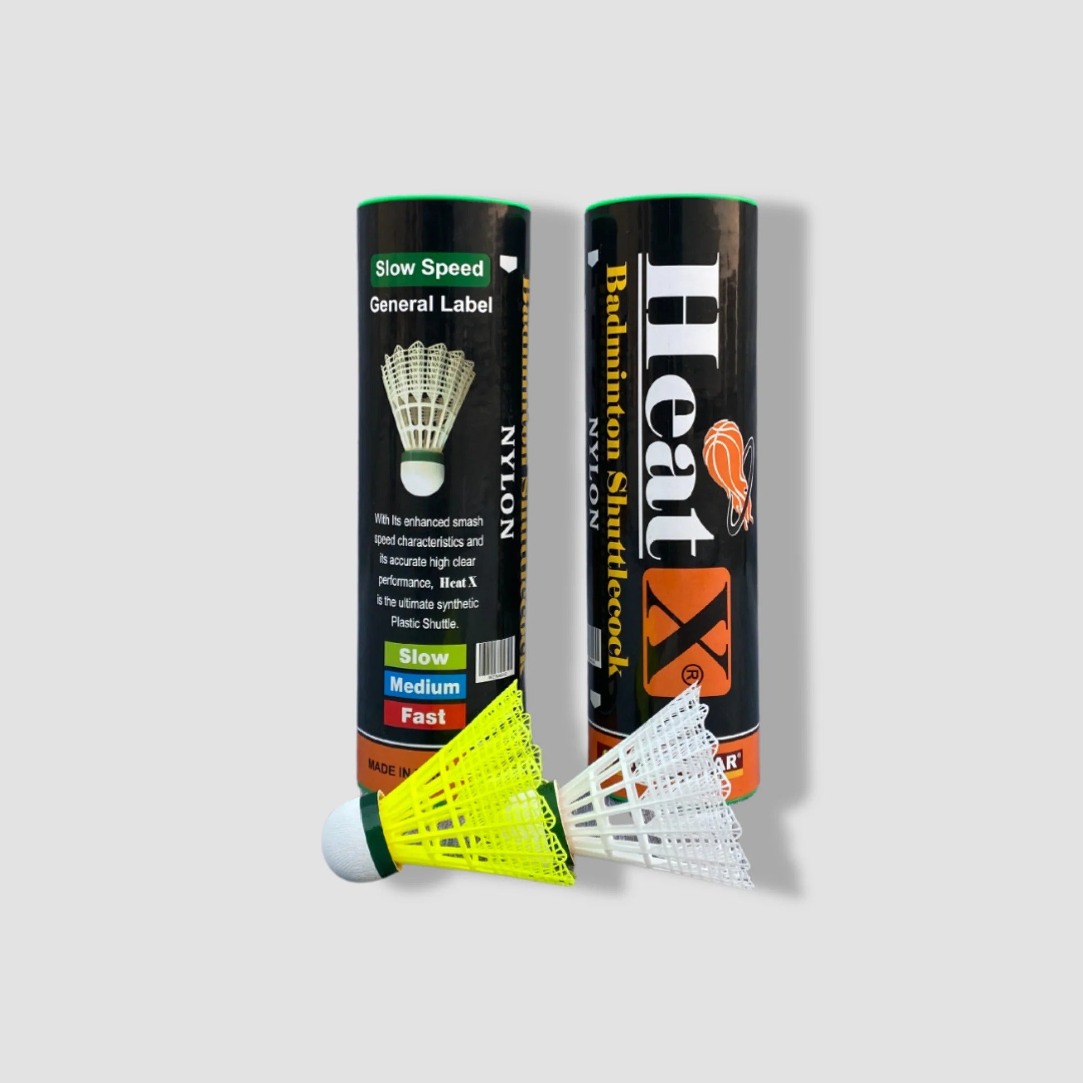 GoldStar Heat X nylon badminton shuttlecock single tube with yellow shuttlecock showing Gold Star Fitness & Sports branding