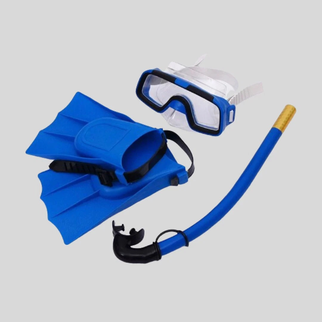 Kids 3-piece snorkel set in blue - wide-view diving mask, snorkel tube with gold tip and blue swim fins