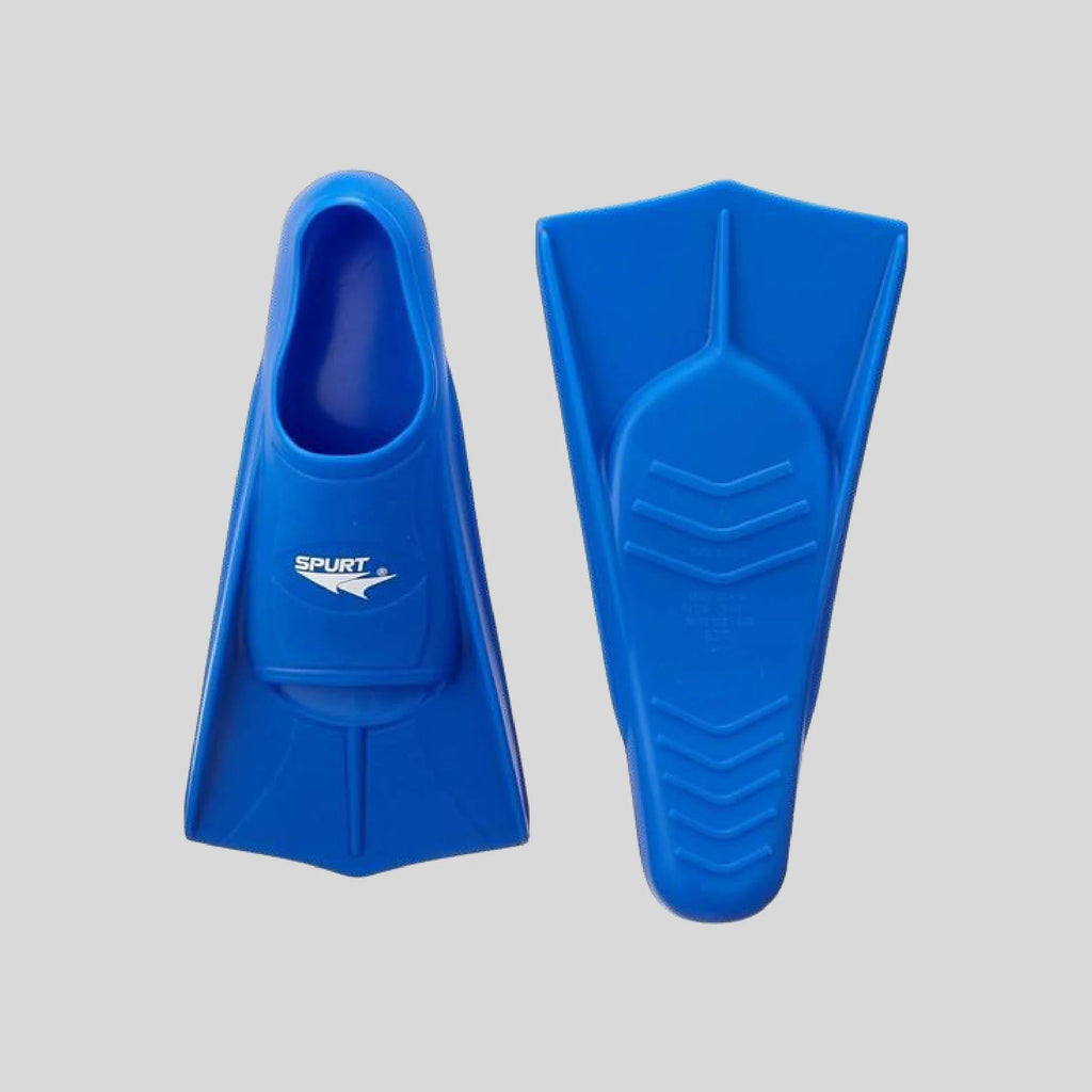 SPURT blue silicone swimming fins - short blade training fins showing foot pocket and textured sole