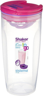 Sistema To Go Shaker 700ml pink flip-lock lid transparent body showing Sistema To Go branding and Shaker 23.6oz 700ml label - front view
