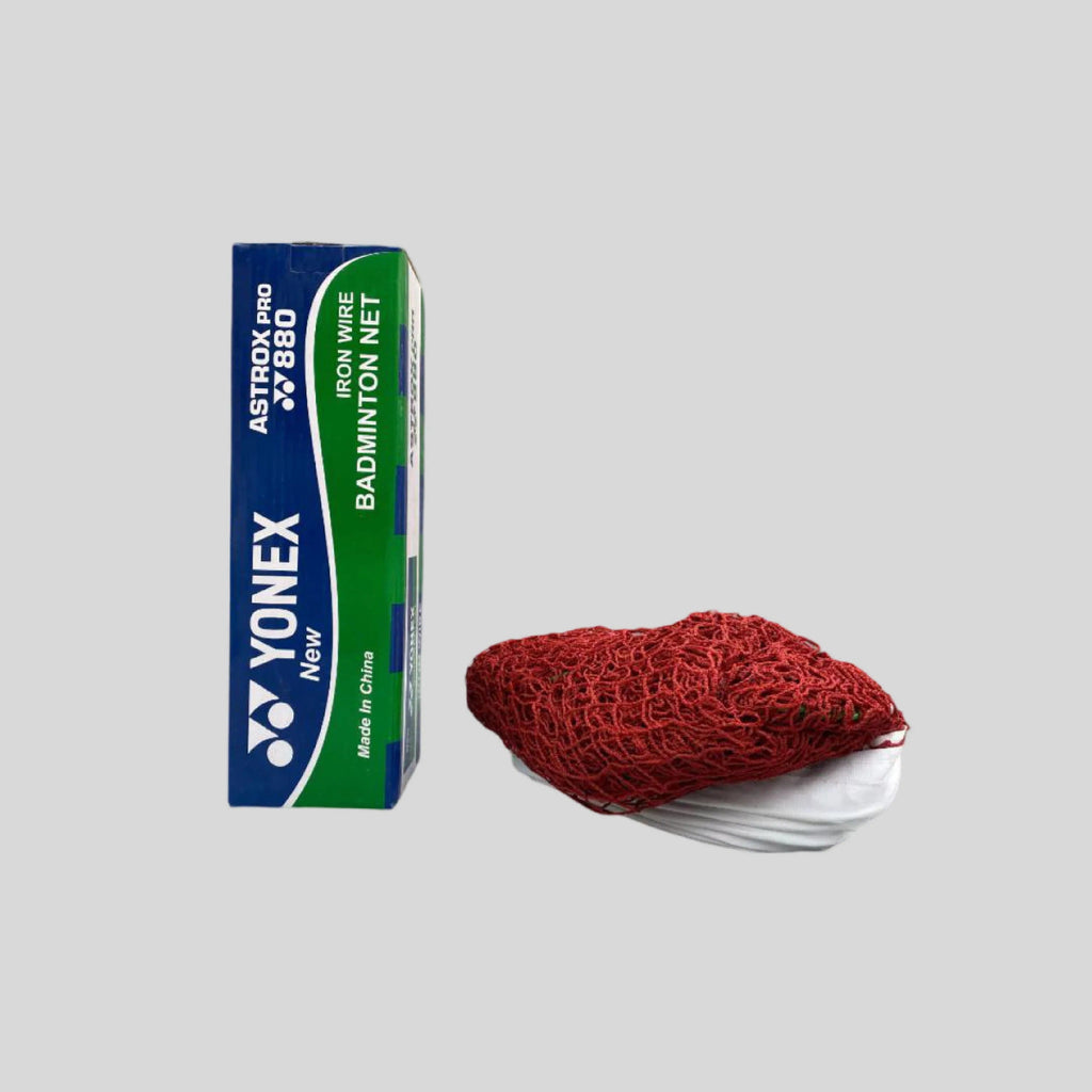 Yonex Astrox Pro 880 badminton net iron wire red nylon mesh on retail box - front view showing Iron Wire Badminton Net label