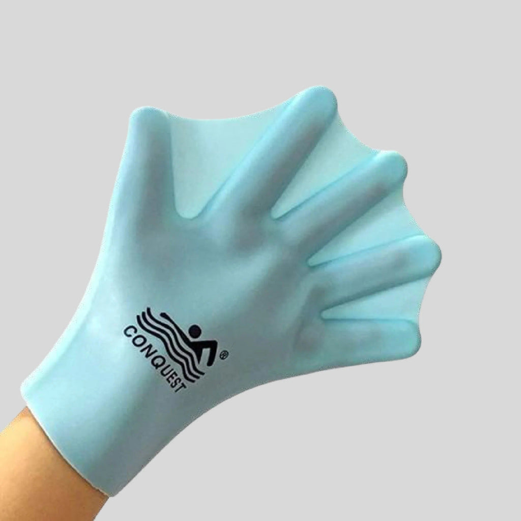 CONQUEST aqua blue silicone swimming gloves with full webbed finger design worn on hand
