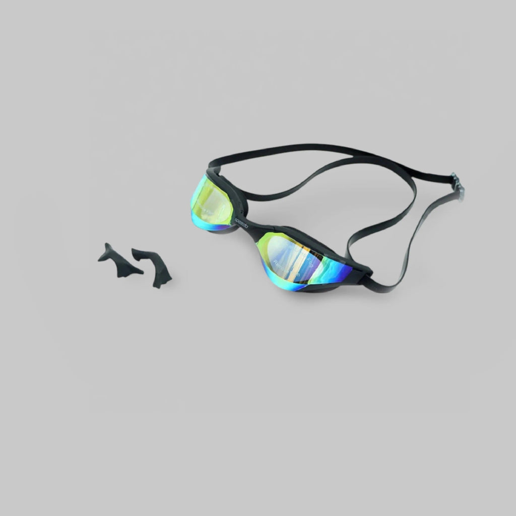 Speedo Competition Pure Focus Mirror goggles black frame with rainbow gold mirror lenses and 2 interchangeable nose bridges