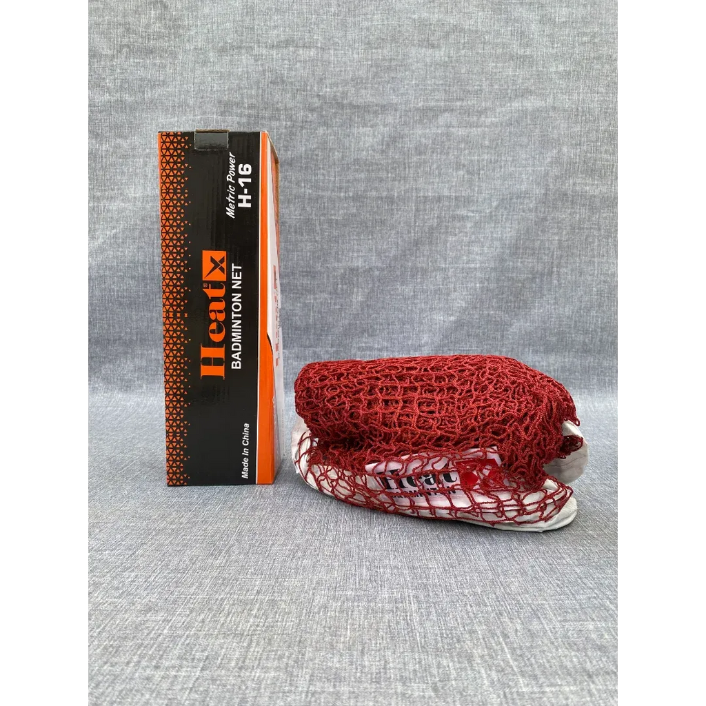 Heat X badminton net iron wire H-16 red nylon mesh with white tape band and retail box packaging - side view