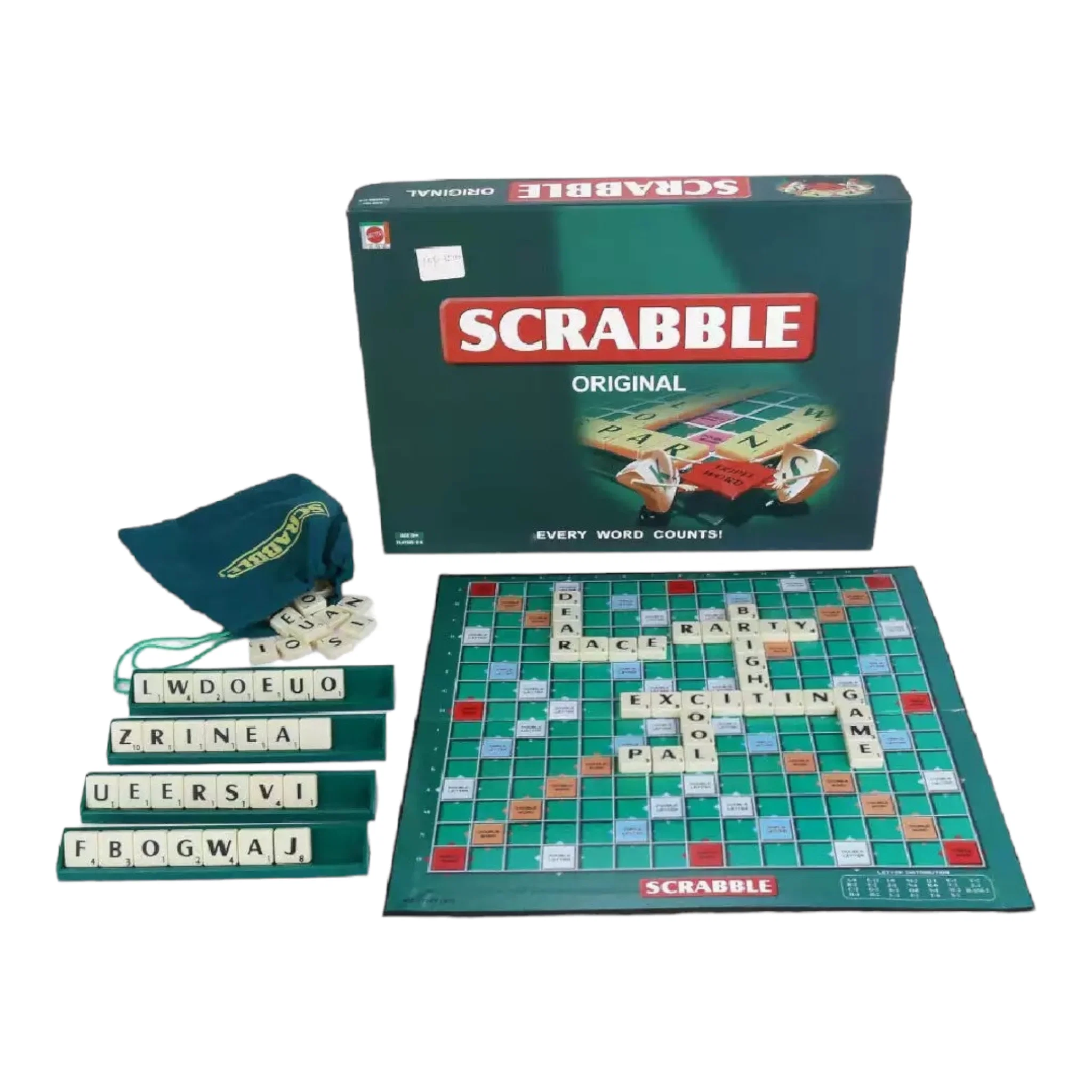 Scrabble Original box with full game board, 4 tile racks and letter tiles displayed